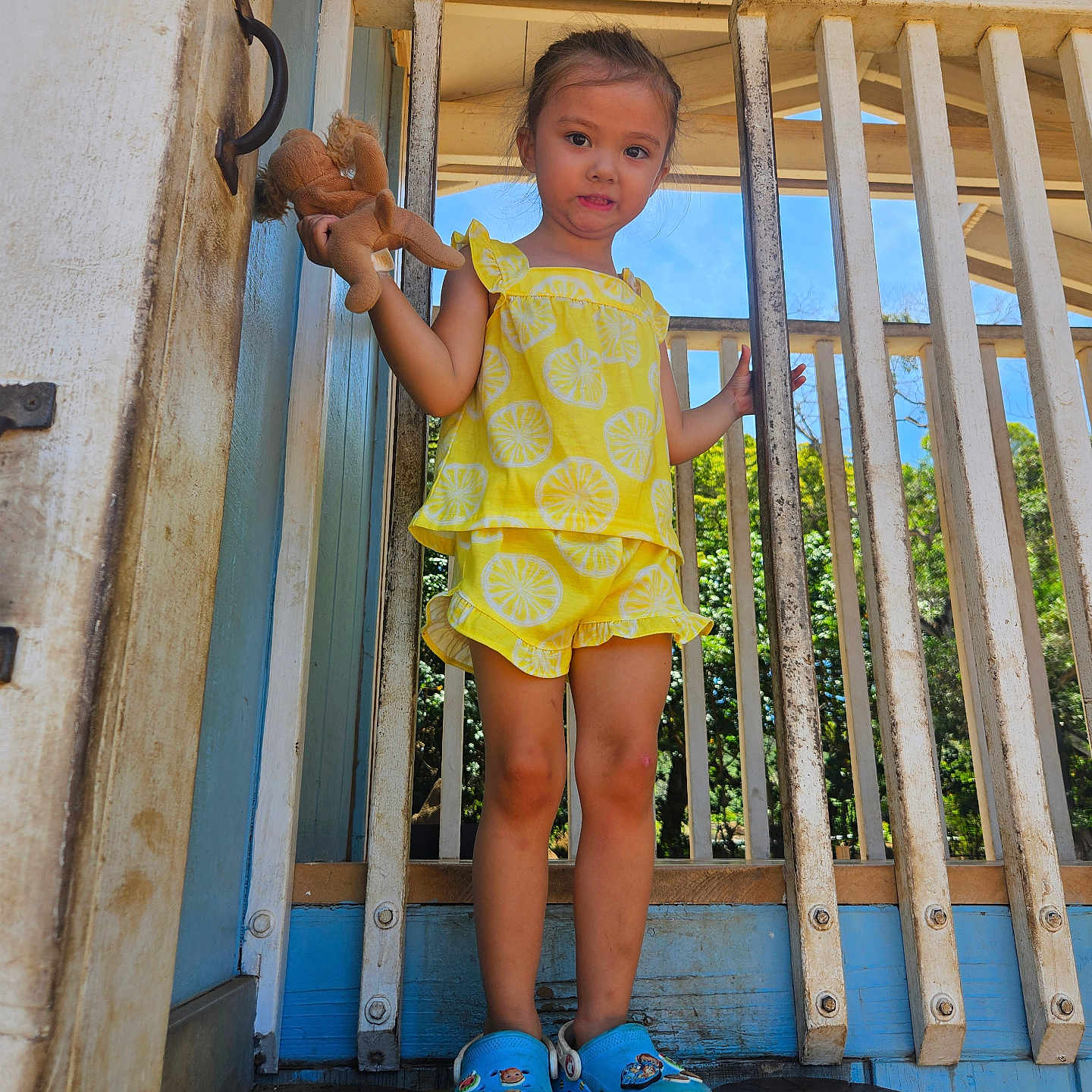 Braelyn is registered to the contest to win money with this photo: blue_sky, casual_shoes, child, crocs, cute, daylight, girl, nature, outdoor, playful, porch, railing, smile, standing, stuffed_animal, summer_clothing, sunny, trees, wooden_stumps, yellow_outfit