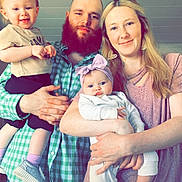 Karlee is registered to the contest to win money with this photo: family, child, baby, toddler, man, woman, indoor, portrait, smile, clothing, headband, beard, casual, holding, light_fixture, happy, people, parent, childcare, love