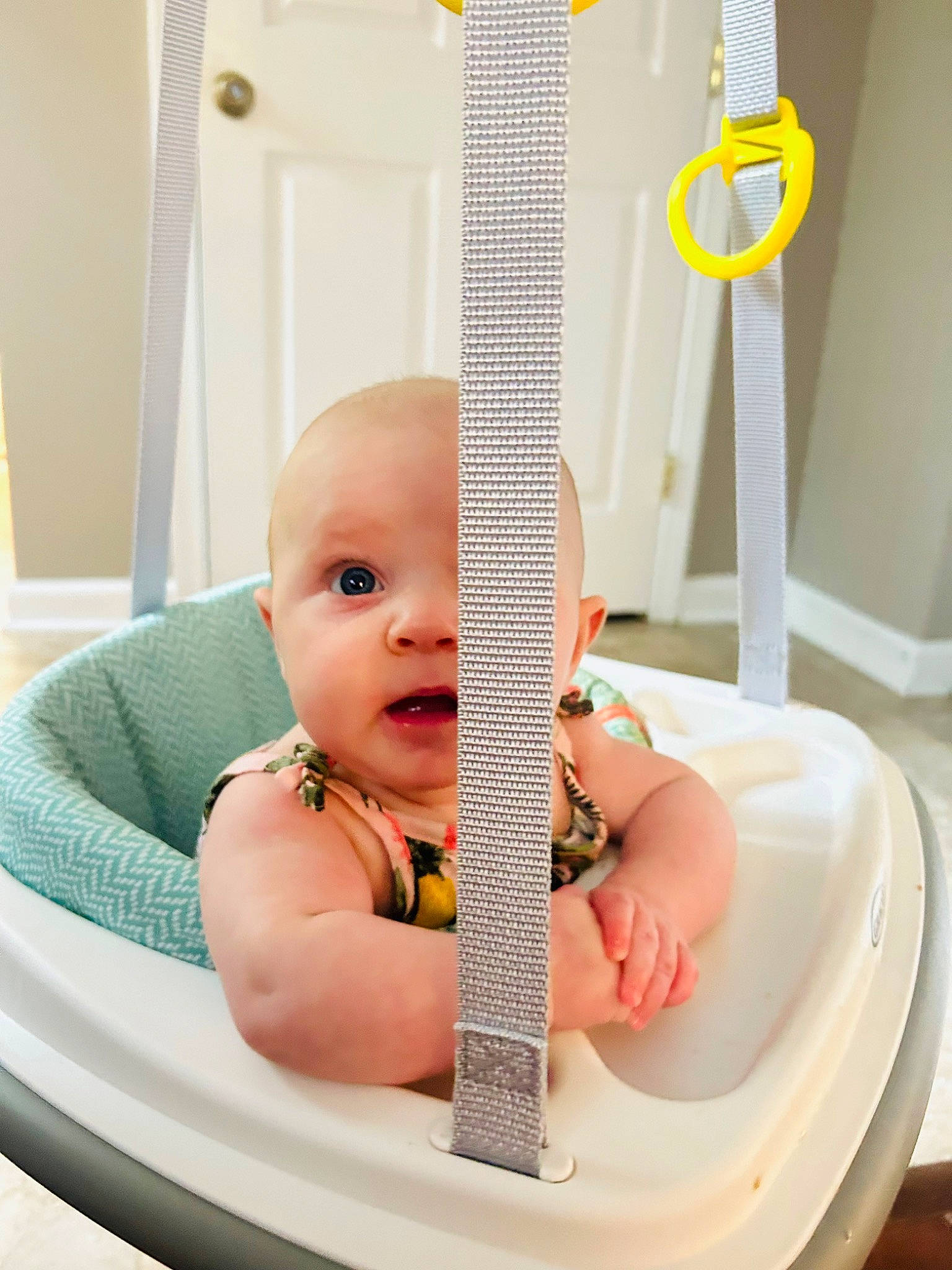 Harper joined the competition — help win amazing prizes! baby, baby_grabbing_for_something, baby_playing_with_toys, baby_products, baby_safety, baby_toddler_clothing, bathing, chair, cheek, child, comfort, foot, fun, leisure, person, product, room, sitting, table, thumb