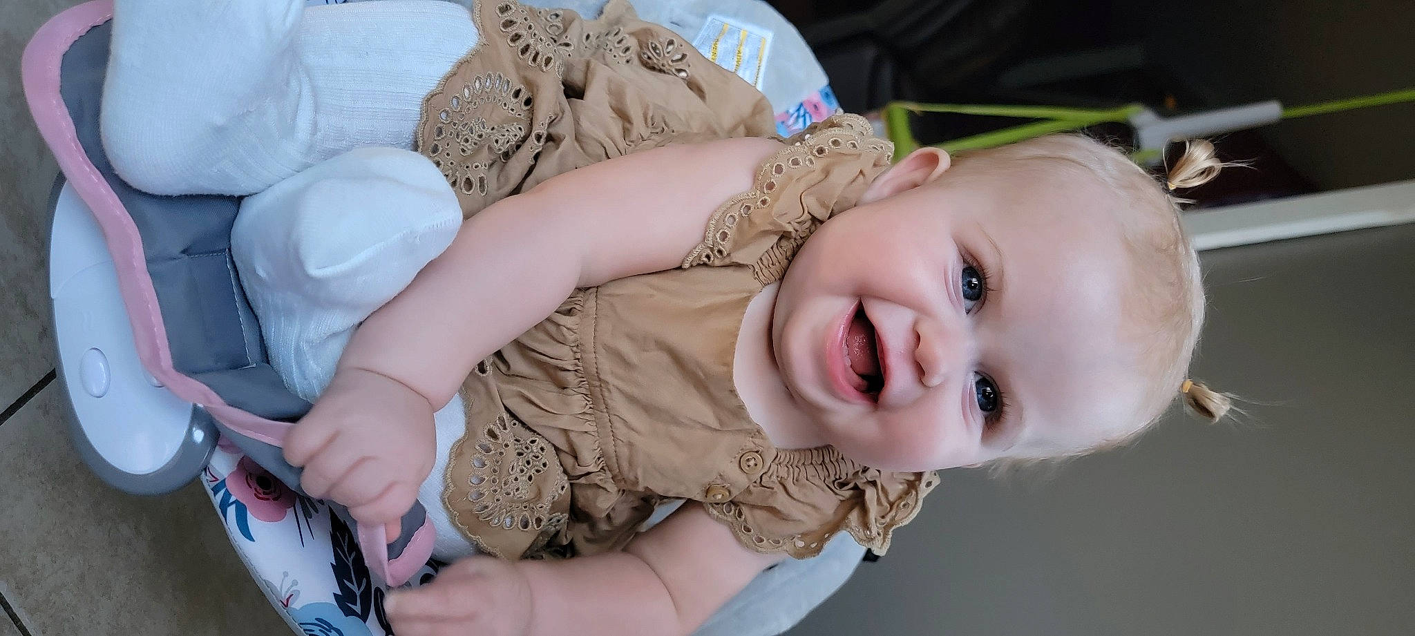 Rylee joined the competition — help win amazing prizes! arm, baby, baby_toddler_clothing, cheek, dress, eye, finger, hand, happy, headgear, human, human_body, iris, joy, lip, mouth, nose, person, plant, product