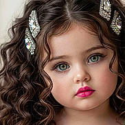Lisa is registered to the contest to win money with this photo: child, portrait, close_up, face, curly_hair, green_eyes, jewelry, hair_clips, lipstick, pink_lipstick, beauty, young, innocent, expression, fashion, glamour, cute, studio_light, headshot, child_model