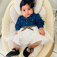 Antonella joined the competition — help win amazing prizes! baby, black_bow, bow, child, cream_chair, cute, denim, dress, face, fashion, furniture, high_chair, indoors, infant, leopard_print, portrait, shoes, sitting, smiling, white_skirt
