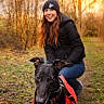 Sadie joined the competition — help win amazing prizes! autumn, beanie, cold_weather, dog, grass, greyhound, happy, jacket, leash, nature, outdoors, path, person, pet, portrait, sitting, smiling, trees, walking, woman