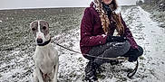 Jack is registered to the contest to win money with this photo: woman, dog, snow, winter, outdoor, field, path, leash, hat, gloves, boots, jacket, grass, cold, pet, canine, nature, smile, snowfall, countryside