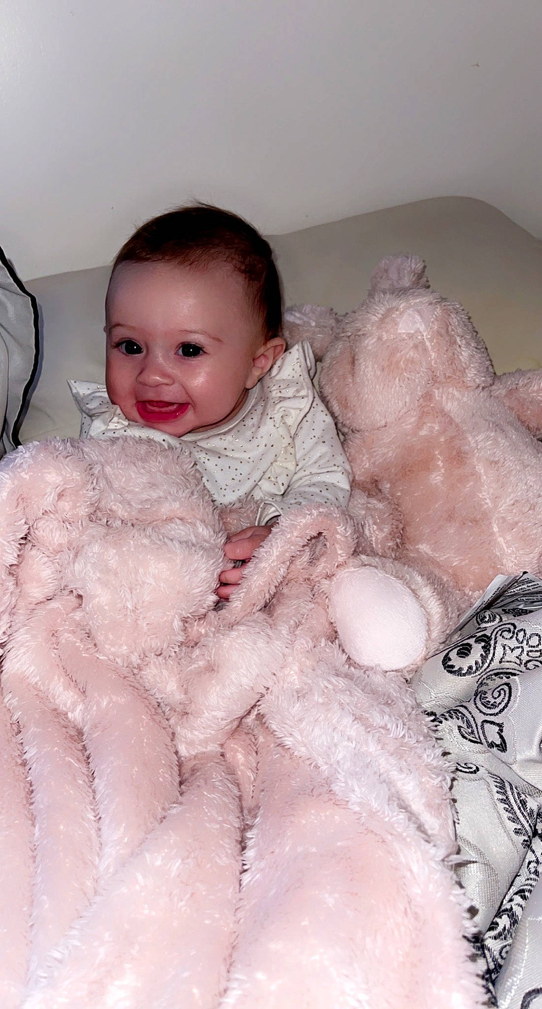 Adaleigh is registered to the contest to win money with this photo: baby, baby_toddler_clothing, cheek, child, comfort, eye, eyebrow, fur, fur_clothing, happy, head, headgear, iris, joy, linens, lip, person, pink, skin, sleeve