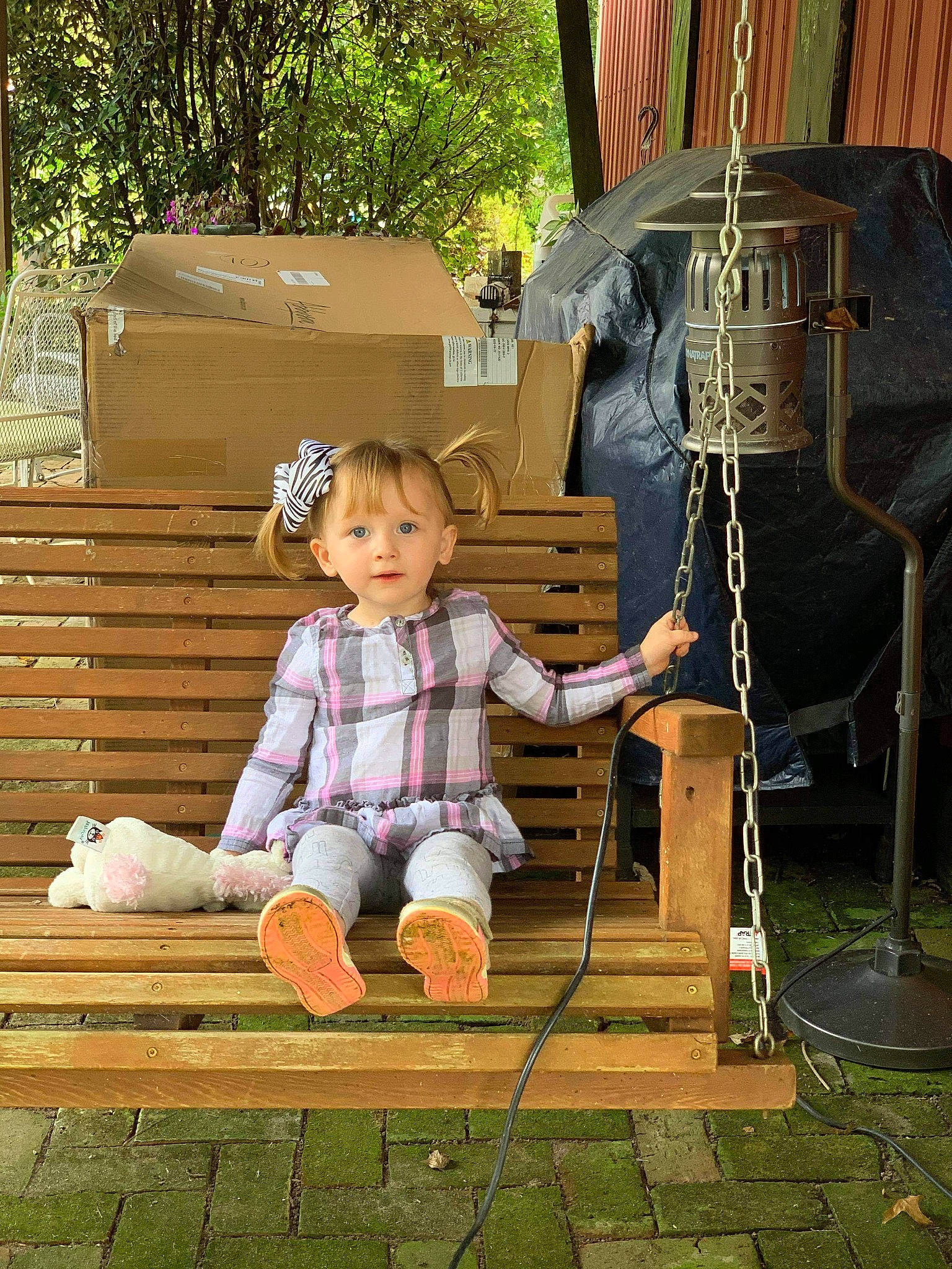 Ember is registered to the contest to win money with this photo: backyard, leisure, person, sitting, swing