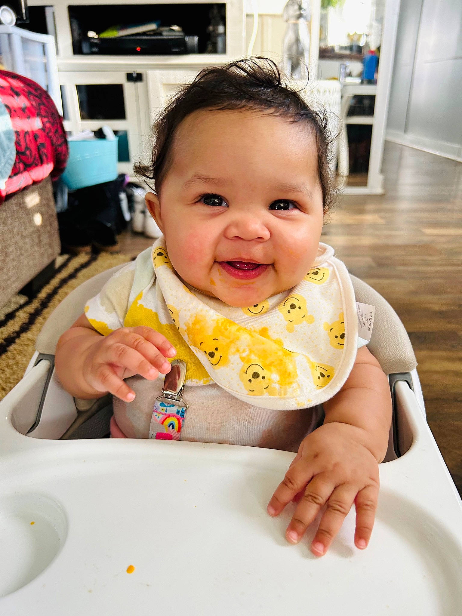 Kai joined the competition — help win amazing prizes! baby, baby_toddler_clothing, bib, chair, cheek, child, dishware, finger, food_craving, fun, happy, head, person, plate, room, sitting, skin, smile, table, tableware