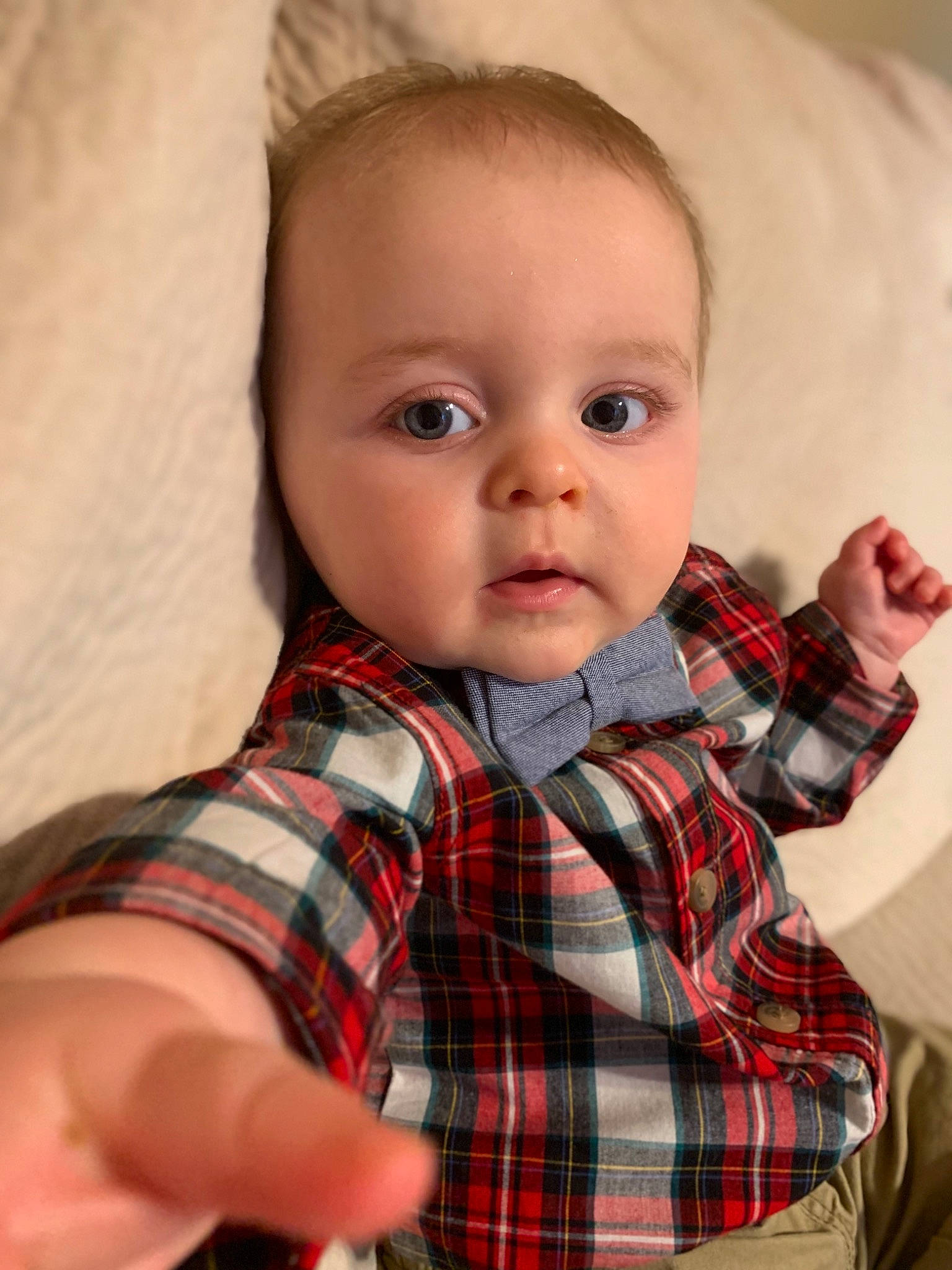 Kaiden joined the competition — help win amazing prizes! baby, baby_toddler_clothing, button, cheek, child, collar, comfort, design, dress_shirt, eyelash, linens, lip, pattern, person, plaid, sitting, sleeve, t_shirt, tartan, textile