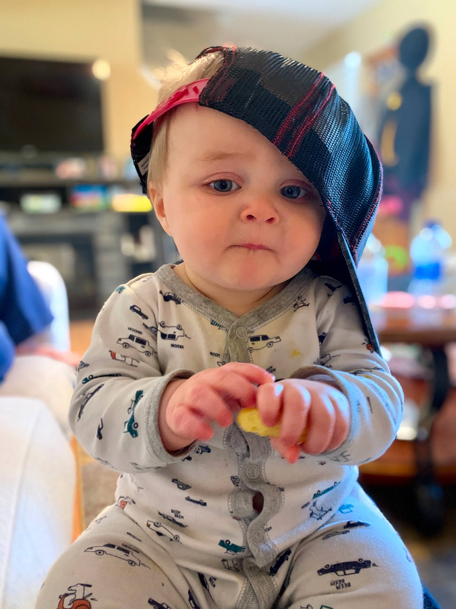 Kaiden joined the competition — help win amazing prizes! baby, baby_products, baby_toddler_clothing, cap, child, eye, facial_expression, fashion_accessory, fun, happy, headwear, leisure, mammal, person, personal_protective_equipment, recreation, sitting, skin, sleeve, toddler