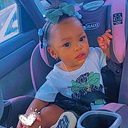 Legaci is registered to the contest to win money with this photo: blue_beads, car, car_seat, casual, child, cup_holder, cute, daylight, footwear, girl, hair_bow, interior, jewelry, portrait, safe, seat, seatbelt, toddler, white_tshirt, window