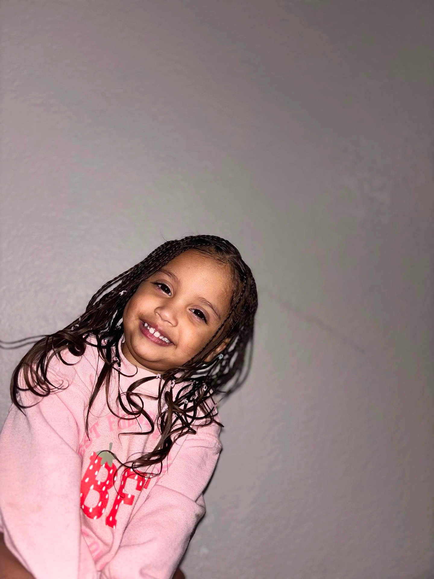 Loreanny Kataleya joined the competition — help win amazing prizes! child, smiling, braided_hair, pink_sweatshirt, strawberry_design, portrait, indoor, wall, happy, cute, young, person, face, long_hair, casual_clothing, fashion, childhood, joyful, skin, human