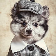 Oreo joined the competition — help win amazing prizes! dog, fluffy, puppy, clothing, coat, hat, portrait, cute, fashion, button, pet, canine, ears, furry, indoor, costume, animal, closeup, face, adorable