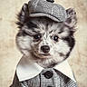 dog, fluffy, puppy, clothing, coat, hat, portrait, cute, fashion, button, pet, canine, ears, furry, indoor, costume, animal, closeup, face, adorable