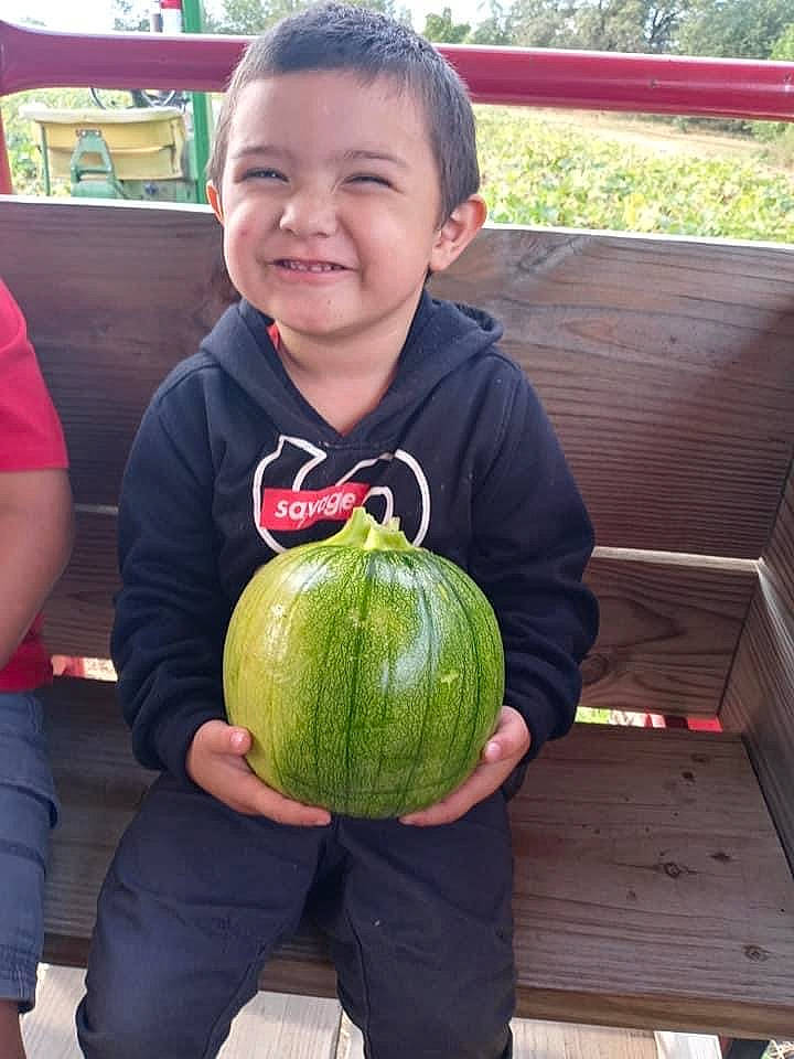 Josiah is registered to the contest to win money with this photo: cucurbita, food, fruit, gourd, hair, happy, head, joy, local_food, natural_foods, person, photograph, plant, produce, sharing, smile, snapshot, squash, t_shirt, toddler