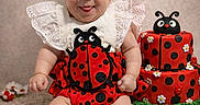 Maelys joined the competition — help win amazing prizes! baby, birthday, black, cake, carpet, celebration, costume, cute, decorations, dots, happy, headband, infant, ladybug, portrait, red, shoes, sitting, smiling, white