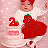 Maelys is registered to the contest to win money with this photo: baby, birthday, cake, celebration, child, cute, decorative_cake, dress, festive, happy, indoors, infant, pink_background, portrait, red_bow, sitting, smiling, soft_lighting, strawberry, white_clothing