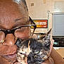 Nika is registered to the contest to win money with this photo: affection, cat, close_up, cozy, expression, face, fingernails, glasses, hand, holding, indoor, kitchen, love, person, pet, portrait, skin, tortoiseshell_cat, wall_art, window_blinds