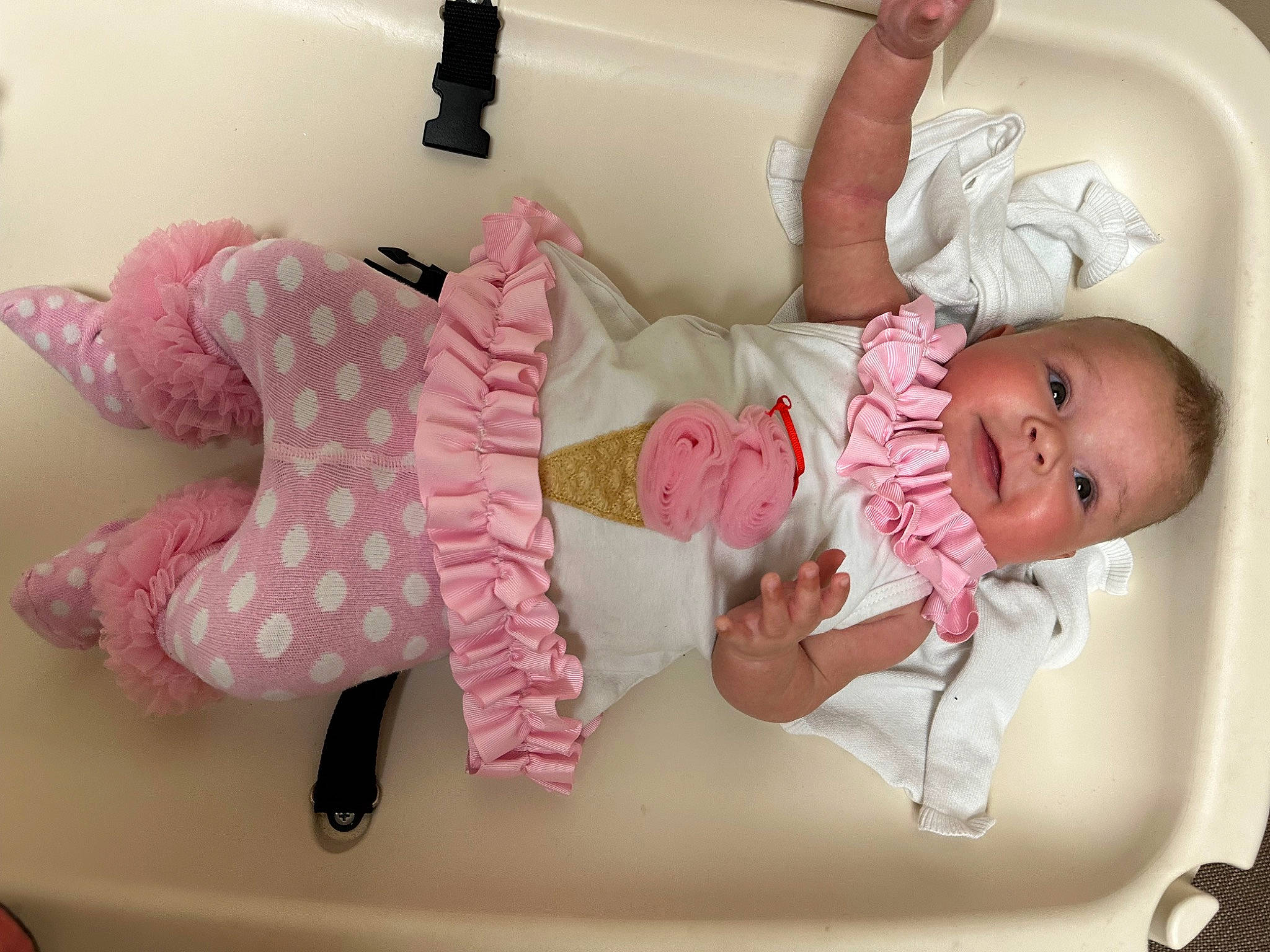 Shelby joined the competition — help win amazing prizes! baby, baby_products, baby_safety, baby_sleeping, baby_toddler_clothing, baby_toys, child, comfort, fashion_accessory, linens, magenta, pattern, person, pink, product, room, sleeve, smile, sock, toddler