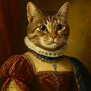 Milu joined the competition — help win amazing prizes! cat, portrait, costume, renaissance_style, jewelry, necklace, feline, historical, regal, brown_dress, fabric_texture, beads, animal_portrait, classical, luxury, elegant, indoor, closeup, mammal, whiskers