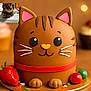 Milu is registered to the contest to win money with this photo: cat, tabby_cat, cake, cat_cake, strawberry, tomato, green_ball, dessert, food, brown_background, cute, whiskers, pink_ears, red_collar, paws, sprinkles, closeup, indoor, resting_cat, food_art