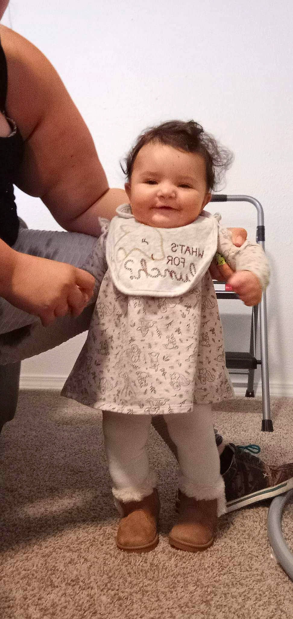 Rory is registered to the contest to win money with this photo: baby, baby_toddler_clothing, child, elbow, facial_expression, fun, gesture, happy, human_leg, joint, joy, monochrome_photography, pattern, person, shoulder, sitting, skin, sleeve, smile, t_shirt