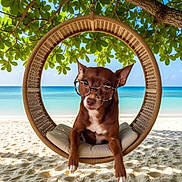 Lala joined the competition — help win amazing prizes! animal, beach, canine, cushion, dog, glasses, leaves, nature, ocean, outdoor, pet, portrait, relaxing, sand, summer, sunny, swing_chair, tree, tropical, vacation