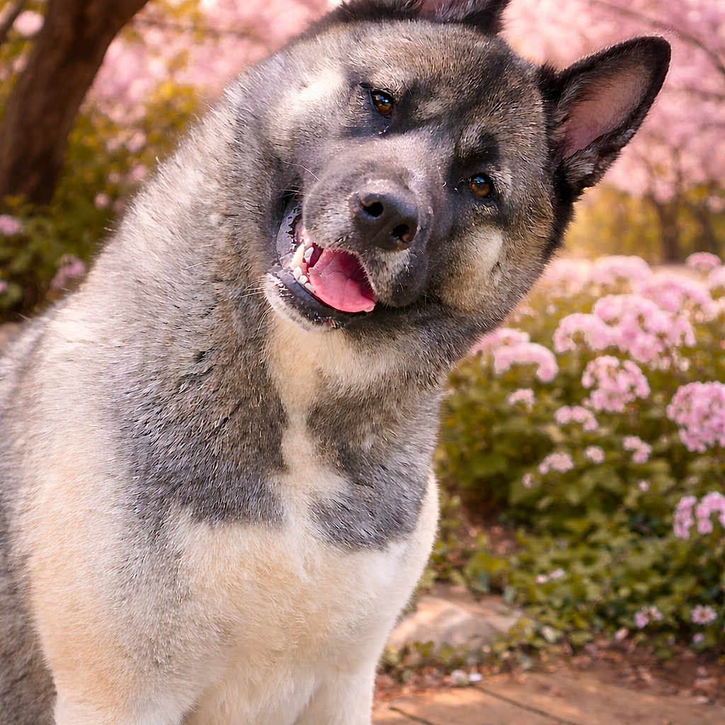 Akira participe au concours pour gagner de l'argent avec cette photo : akita, dog, animal, pet, head_tilt, flower, pink_flower, spring, outdoor, nature, greenery, wooden_path, portrait, cute, fur, ears, tongue, happy, canine, garden