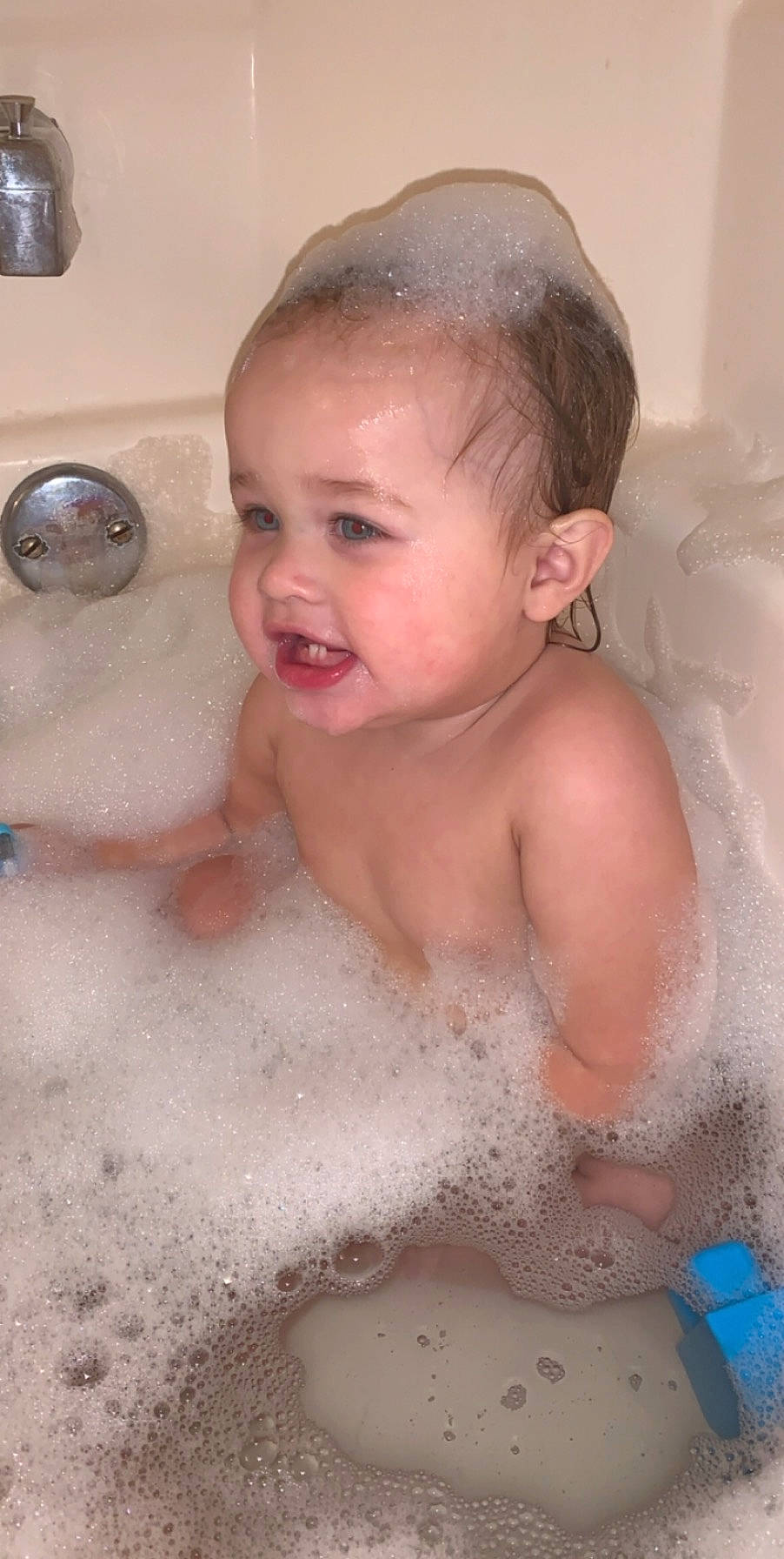 Estelle joined the competition — help win amazing prizes! baby, baby_bathing, bathing, bathtub, cheek, child, eyebrow, face, facial_expression, foam, forehead, fun, head, liquid_bubble, nose, person, plumbing_fixture, skin, smile, toddler
