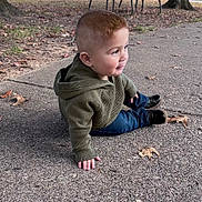 Shay joined the competition — help win amazing prizes! toddler, child, sitting, sidewalk, autumn, leaves, green_sweater, jeans, black_shoes, outdoor, cute, young_child, fall, casual_clothing, curious, short_hair, daylight, nature, park, season