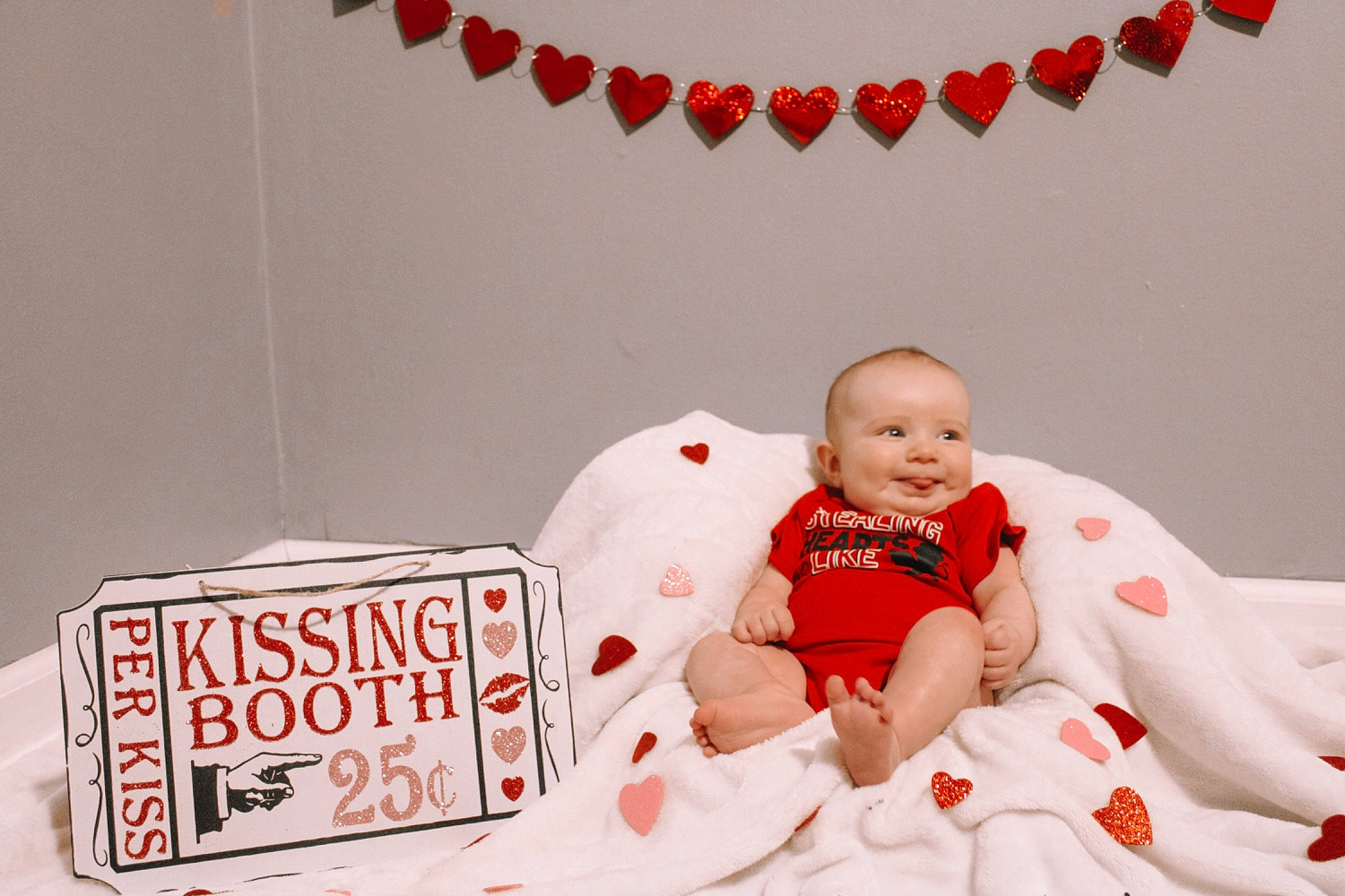 Maleah joined the competition — help win amazing prizes! baby, baby_toddler_clothing, bedding, carmine, child, comfort, event, font, happy, joy, linens, person, pink, playing_with_kids, red, room, sitting, smile, t_shirt, textile