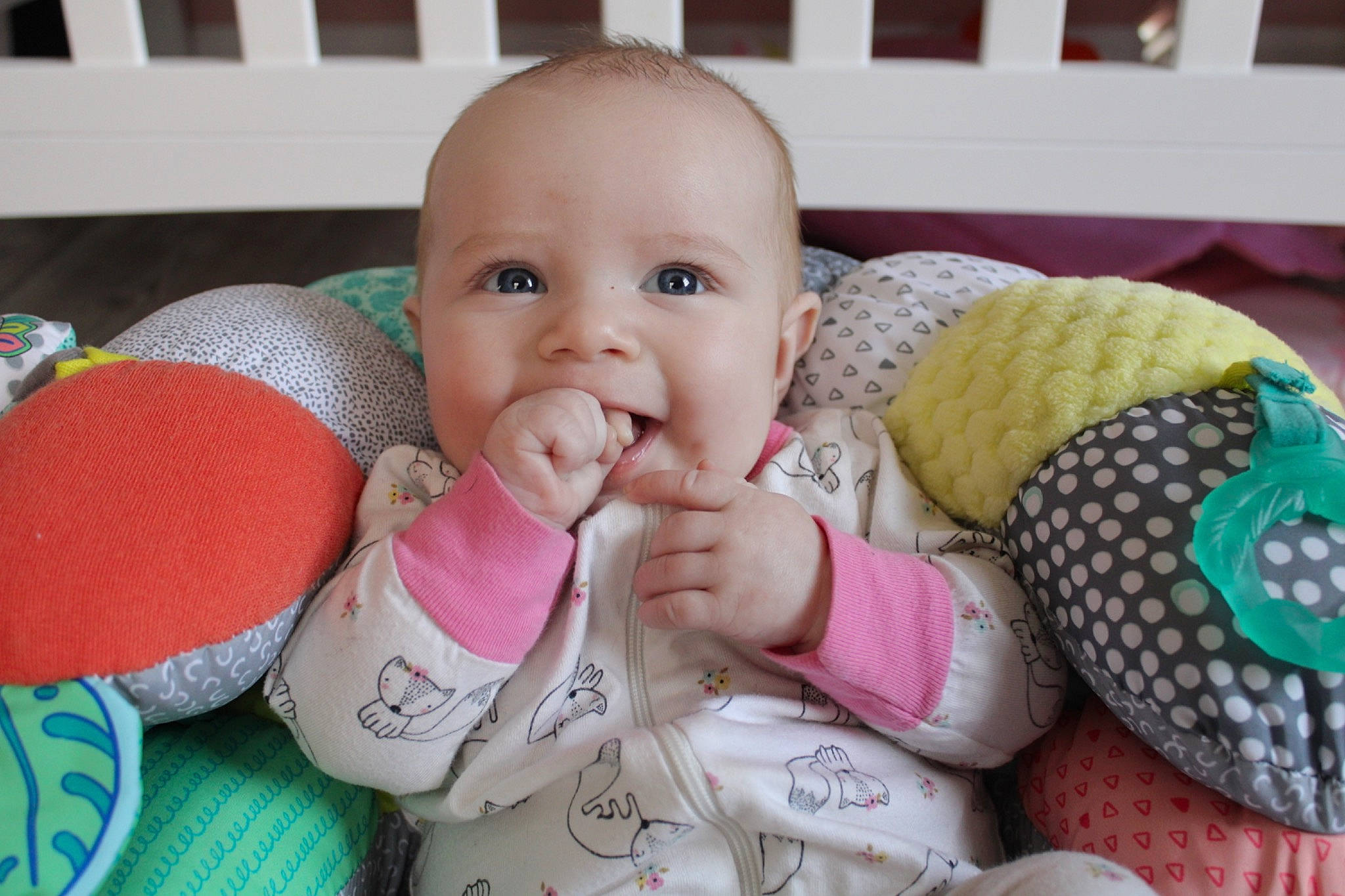 Maleah joined the competition — help win amazing prizes! arm, baby, baby_toddler_clothing, cheek, child, hand, happy, iris, leg, lip, mouth, nail, nose, organ, person, pink, product, skin, smile, textile