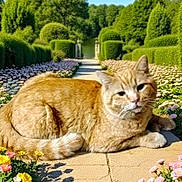 Bumblebee joined the competition — help win amazing prizes! cat, ginger_cat, orange_fur, feline, animal, pet, lying_down, relaxed, garden, formal_garden, hedges, flowers, pathway, outdoors, sunlight, greenery, landscape, whiskers, tail, portrait