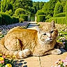 cat, ginger_cat, orange_fur, feline, animal, pet, lying_down, relaxed, garden, formal_garden, hedges, flowers, pathway, outdoors, sunlight, greenery, landscape, whiskers, tail, portrait