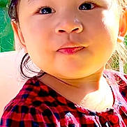 Rachel is registered to the contest to win money with this photo: child, toddler, portrait, face, eyes, hair, cheeks, expression, cute, plaid_dress, red_clothing, close_up, outdoor, sunlight, backlit, pursed_lips, young_child, skin, shoulder, happy