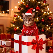 Dexter joined the competition — help win amazing prizes! animal, cat, celebration, christmas, christmas_tree, cozy, cute, feline, festive, gift_box, holiday, holiday_decorations, indoor, lights, ornaments, presents, red_sweater, ribbon, santa_hat, tabby_cat