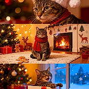 Chloe joined the competition — help win amazing prizes! cat, tabby_cat, christmas, holiday, santa_hat, red_scarf, fireplace, christmas_tree, gift_box, decorations, gingerbread_man, reindeer_decoration, cozy, indoor, festive, winter, snow_outside, lights, carpet, cute