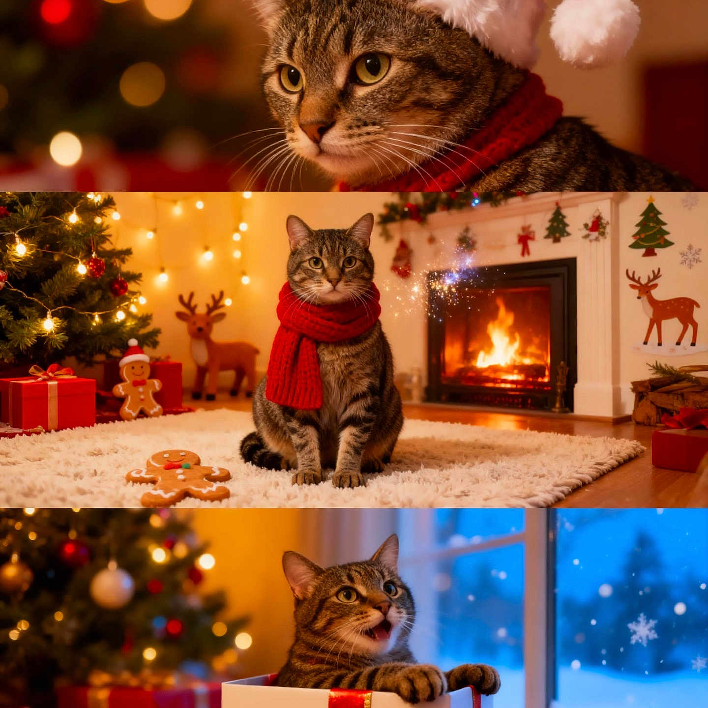 Chloe joined the competition — help win amazing prizes! carpet, cat, christmas, christmas_tree, cozy, cute, decorations, festive, fireplace, gift_box, gingerbread_man, holiday, indoor, lights, red_scarf, reindeer_decoration, santa_hat, snow_outside, tabby_cat, winter