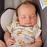 baby, car_seat, child, clothing, cushion, cute, hair, hand, indoors, infant, onesie, peaceful, portrait, relaxing, seat, skin, sleeping, warning_label, winnie_the_pooh, young