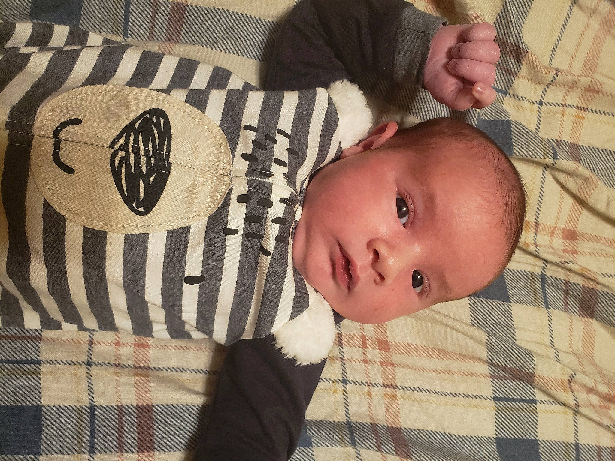 Ryland is registered to the contest to win money with this photo: baby, baby_products, baby_safety, baby_toddler_clothing, cheek, child, comfort, font, iris, linens, nose, pattern, person, plaid, room, sleeve, tartan, textile, thumb, toddler