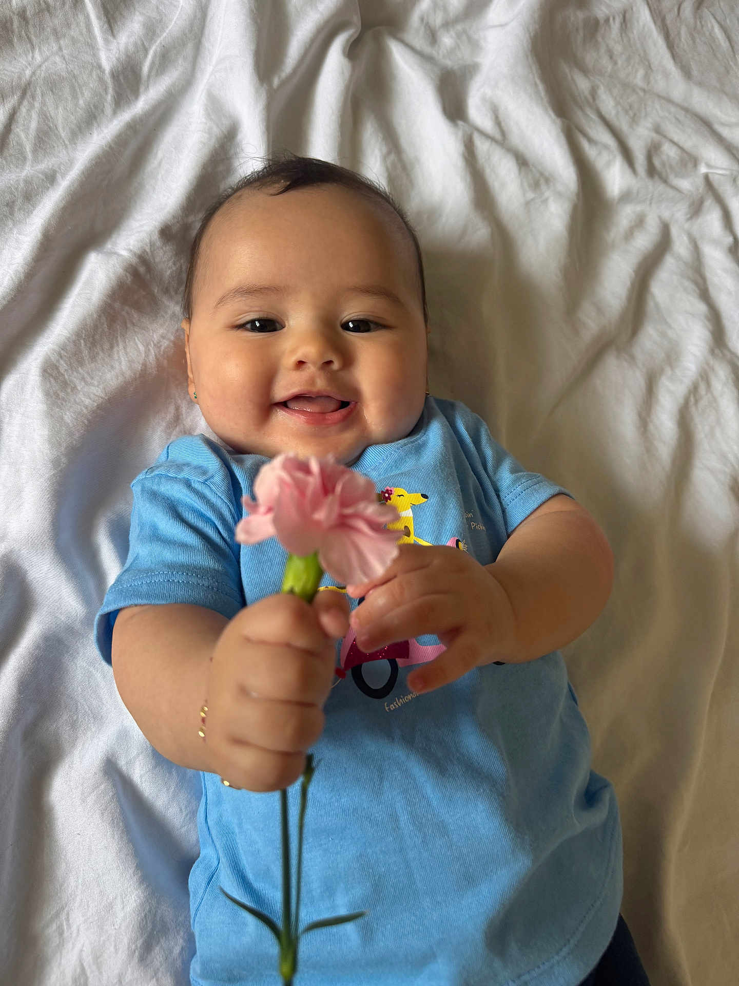 Nia Emiliana joined the competition — help win amazing prizes! baby, infant, child, smiling, flower, pink_flower, holding_flower, blue_shirt, bracelet, earring, bed_sheet, white_bed, portrait, close_up, chubby_cheeks, happy, looking_at_camera, adorable, skin_tone, cute