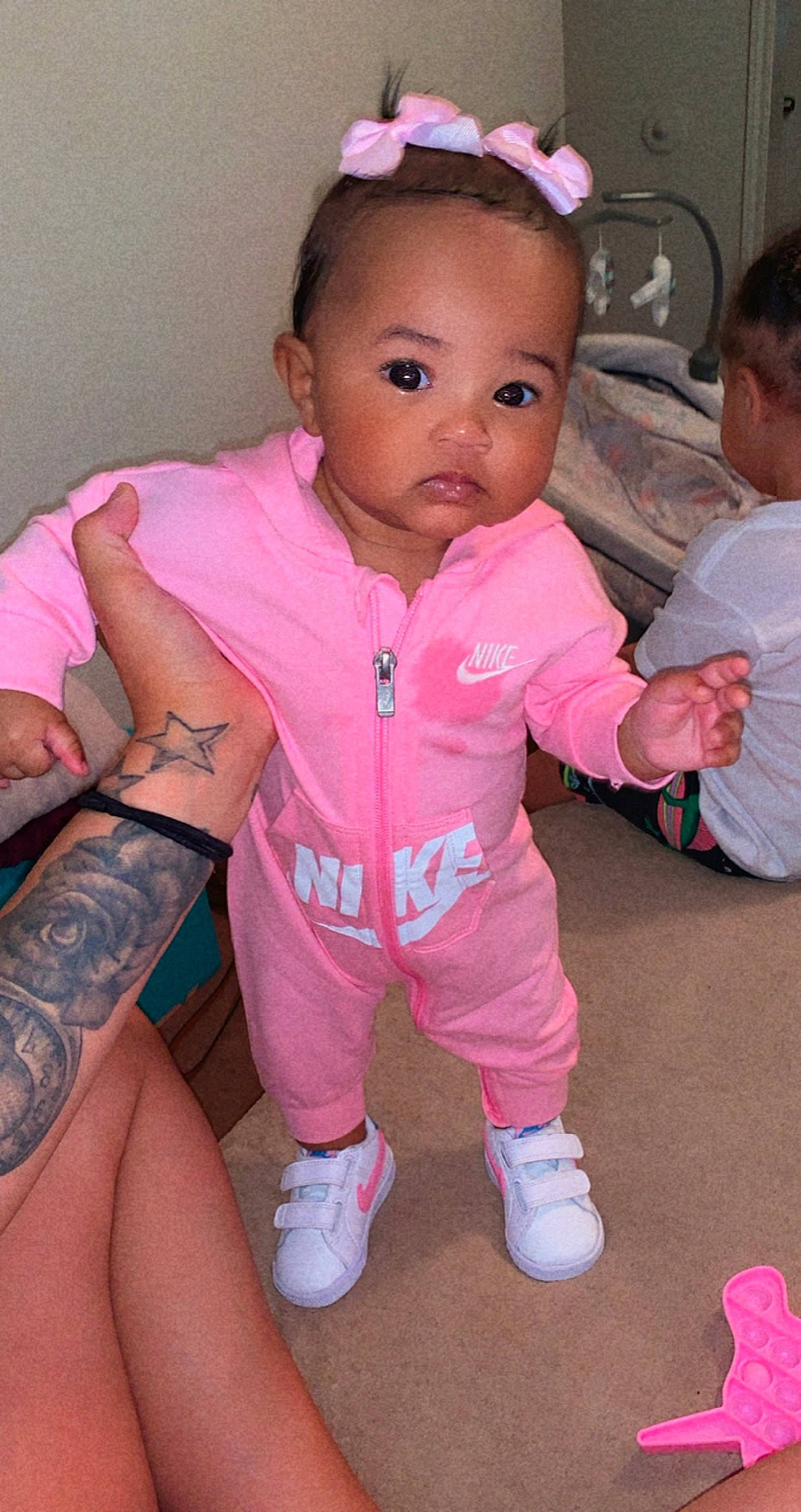 Kamiah joined the competition — help win amazing prizes! baby_toddler_clothing, cheek, chin, eye, gesture, hair, hairstyle, happy, head, human_body, leg, lip, mouth, nose, person, pink, product, shoe, skin, sleeve