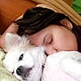 affection, animal, bed, closeup, comfort, cozy, dog, fur, headboard, human_face, indoor, love, peaceful, person, pet, relaxation, resting, sleeping, snuggling, white_dog