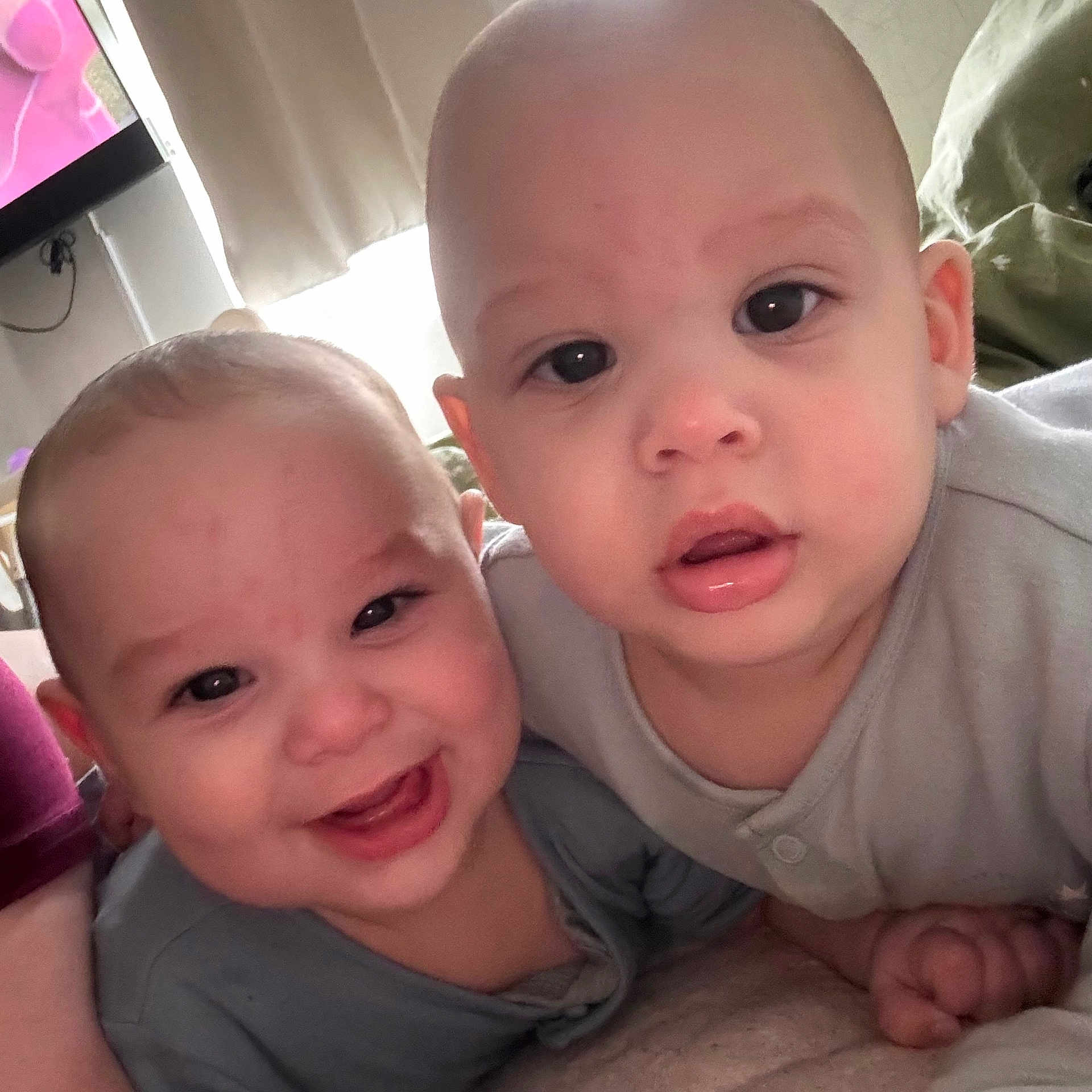 Hudson And Jackson is registered to the contest to win money with this photo: accessories, architecture, baby, babylaughing, bed, bedroom, blonde, bodypart, building, clothing, computerhardware, cosmetics, couch, cushion, electronics, face, frown, furniture, hair, happy