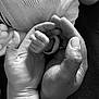 adult_hand, baby, baby_clothes, black_and_white, caring, close_up, comfort, family, fingers, hand, human, infant, knitwear, love, monochrome, portrait, skin, tenderness, texture, touch