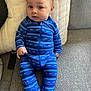 Robert joined the competition — help win amazing prizes! baby, infant, onesie, blue_clothing, striped, sitting, couch, pillow, indoor, child, face, cute, footed_pajamas, person, home, soft_texture, relaxed, looking, young_child, comfortable