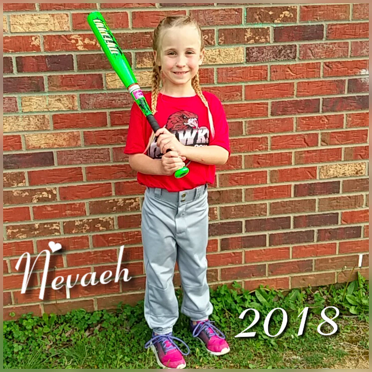 Nevaeh is registered to the contest to win money with this photo: child, grass, green, jeans, joy, outerwear, person, play, product, recreation, red, shoulder, sports_uniform, standing, toddler