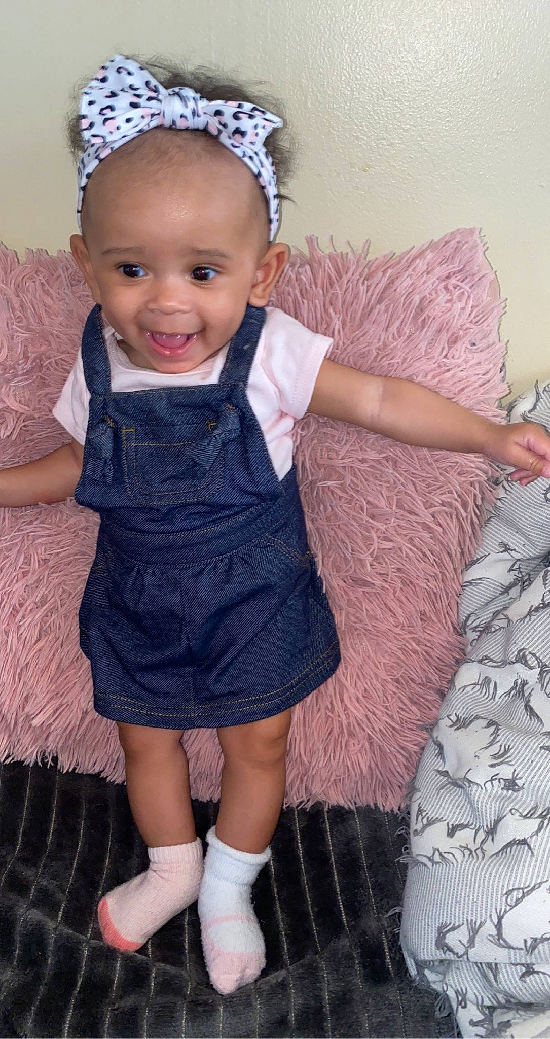 Aaryn joined the competition — help win amazing prizes! baby_toddler_clothing, day_dress, eye, face, facial_expression, fashion, happy, iris, joy, neck, one_piece_garment, person, pink, purple, skin, sleeve, smile, standing, textile, thigh