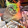 cat, fluffy, bed, blanket, floral_pattern, rainbow_light, tapestry, cozy, indoor, pet, feline, whiskers, ears, close_up, portrait, relaxed, soft_light, decor, animal, cute