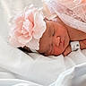 newborn, baby, sleeping, flower_headband, pink, soft_bedding, white, peaceful, infant, closeup, portrait, cute, rest, child, face, head, skin, delicate, tulle, cozy