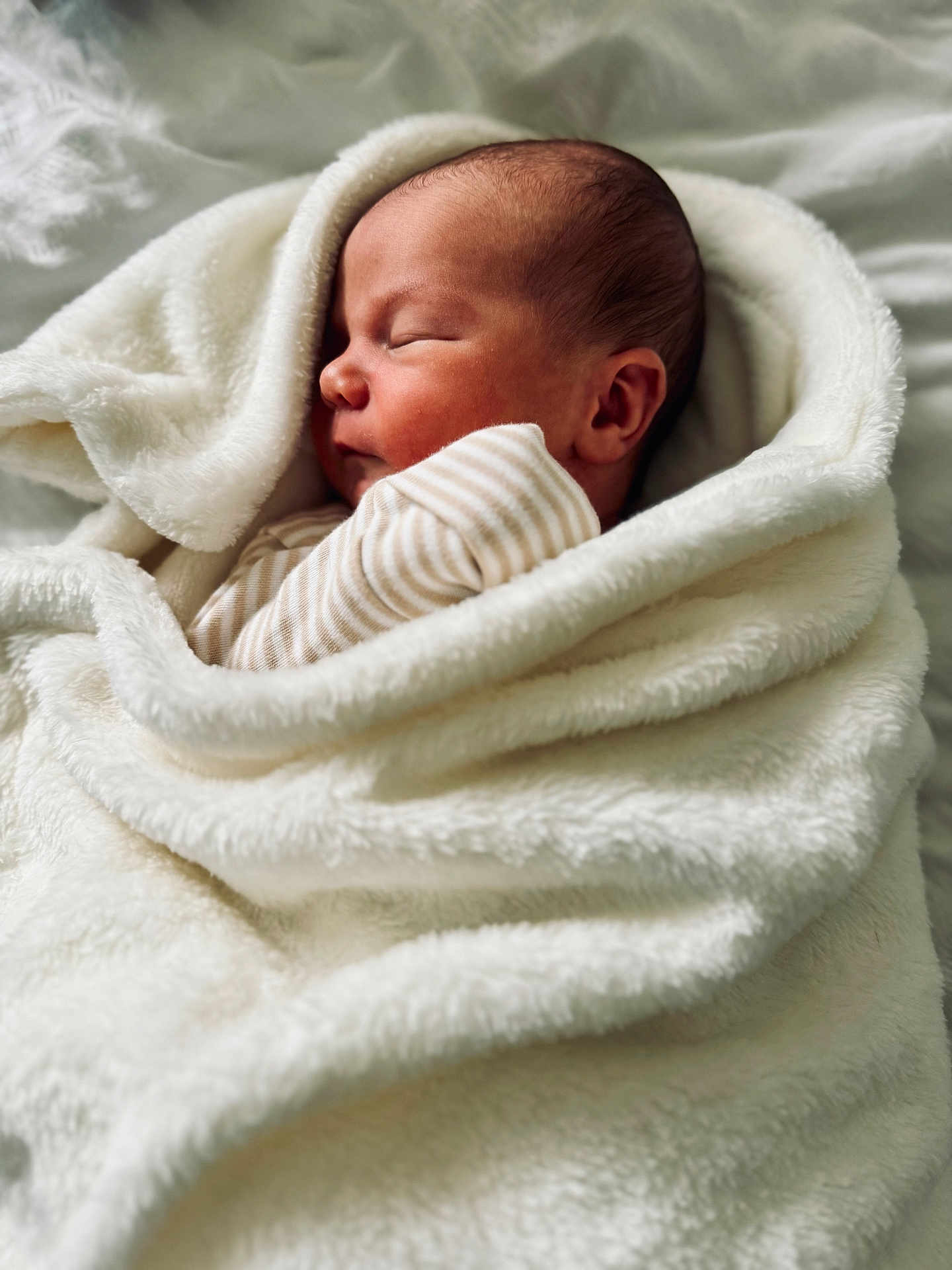 Theodore is registered to the contest to win money with this photo: newborn, baby, sleeping, blanket, white, soft, cozy, infant, wrapped, portrait, face, peaceful, cute, closeup, indoors, child, warm, bed, clothing, resting